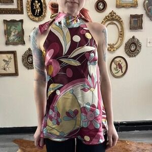 Vintage Y2K Flamingo Satin Psychedelic Floral Halter Top Made in USA